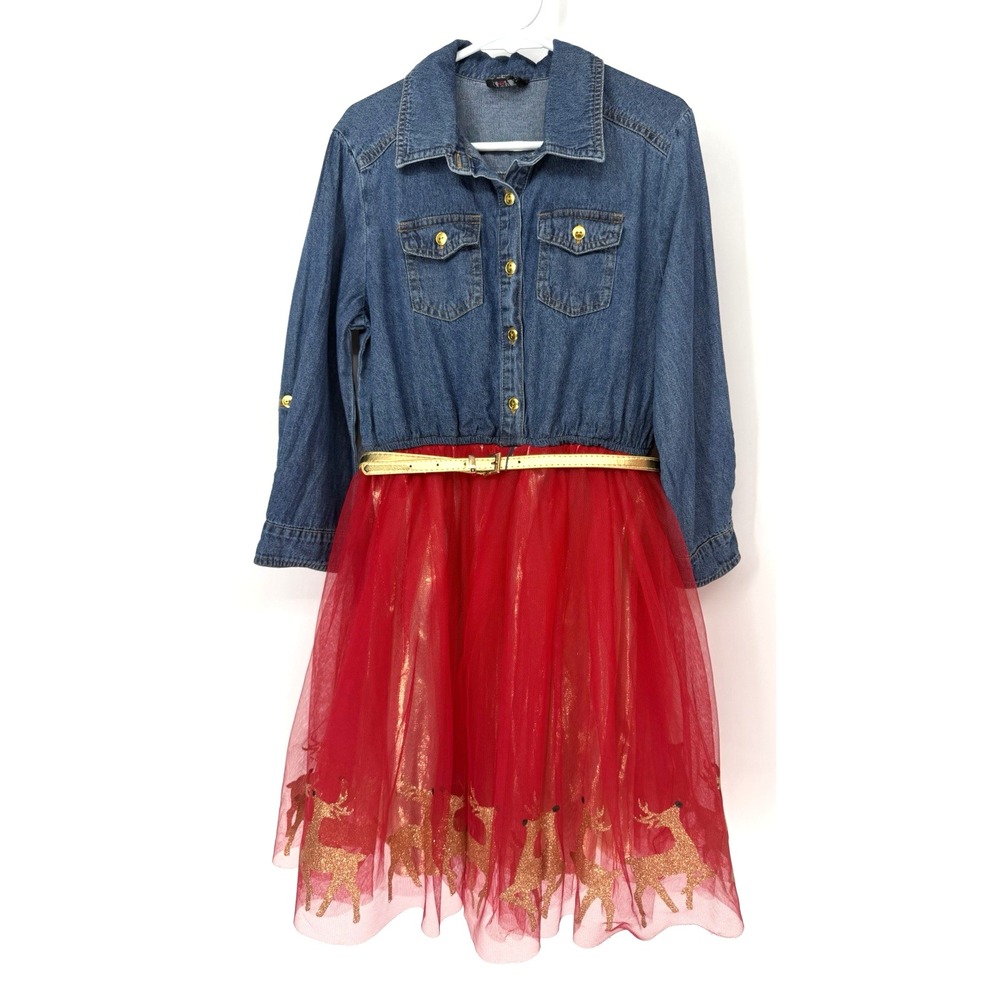 Lilt Christmas Dress Denim Blue/Red Tule Snowmen Design Trim Girls Size 10/12